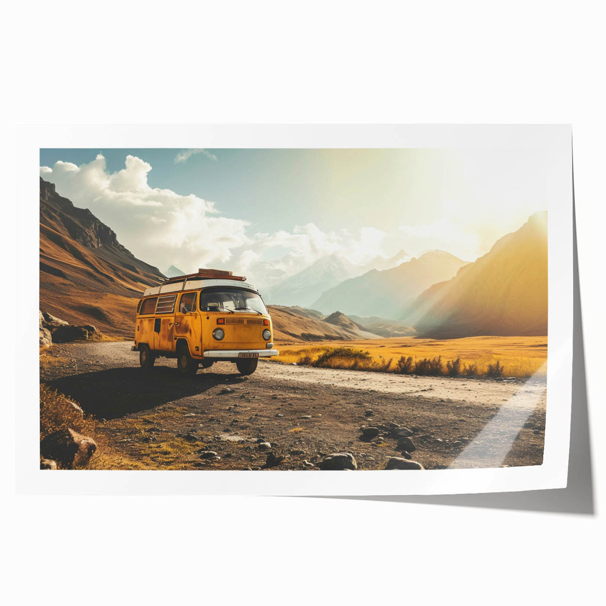 Rolled print of a vintage caravan in pastel blue and pink, ideal for art wall dining room decor.