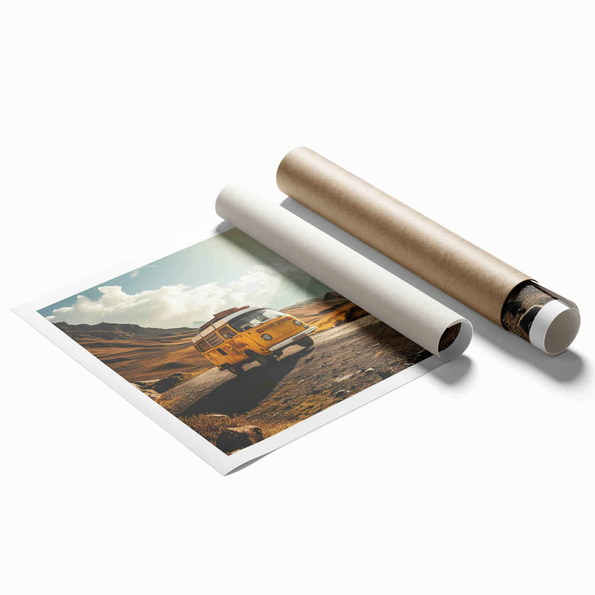 Extra large rolled print depicting a caravan, rendered in muted earth tones, ideal for classy bathroom wall art.