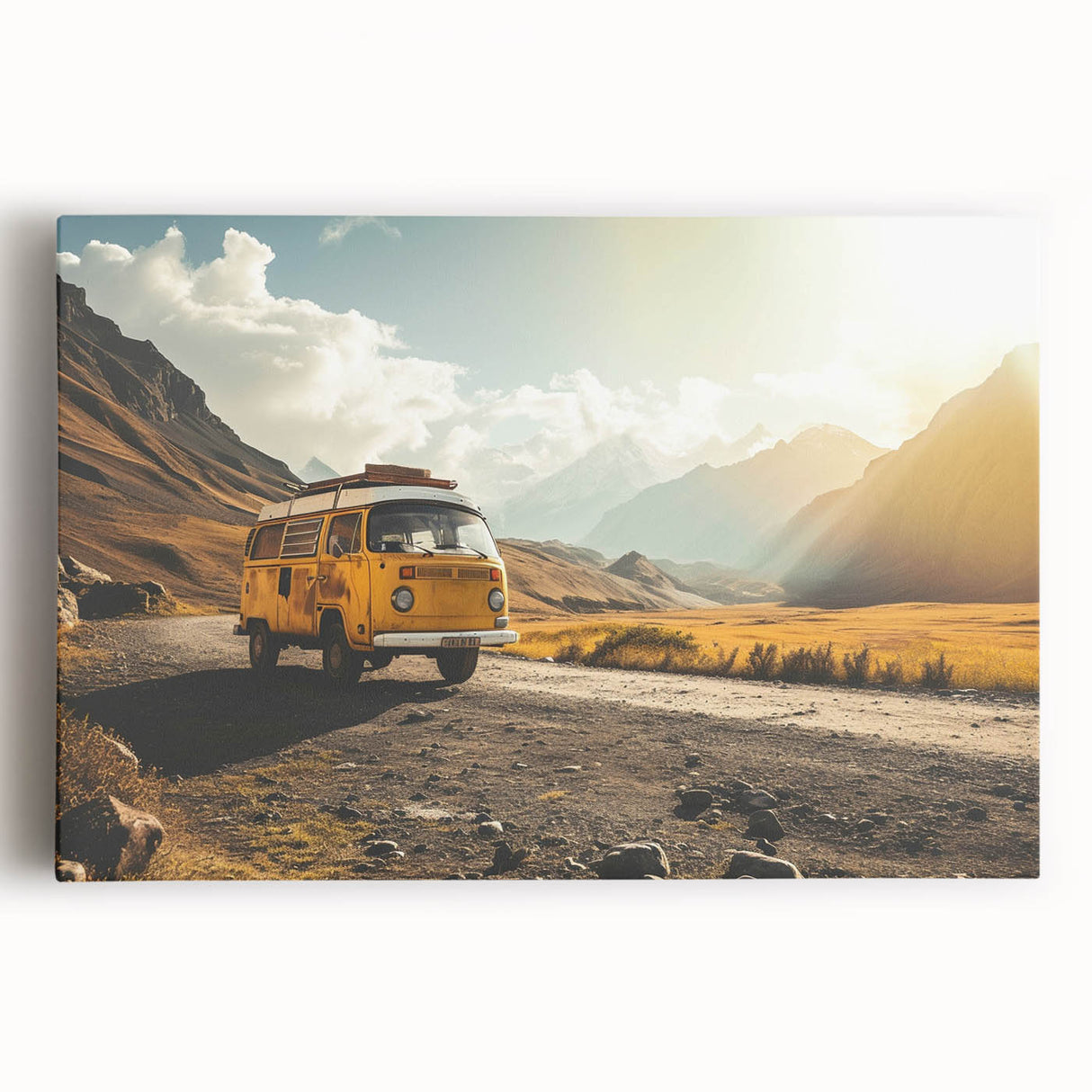 Black and white sketch of a caravan on stretched canvas, ideal for kitchen wall art.