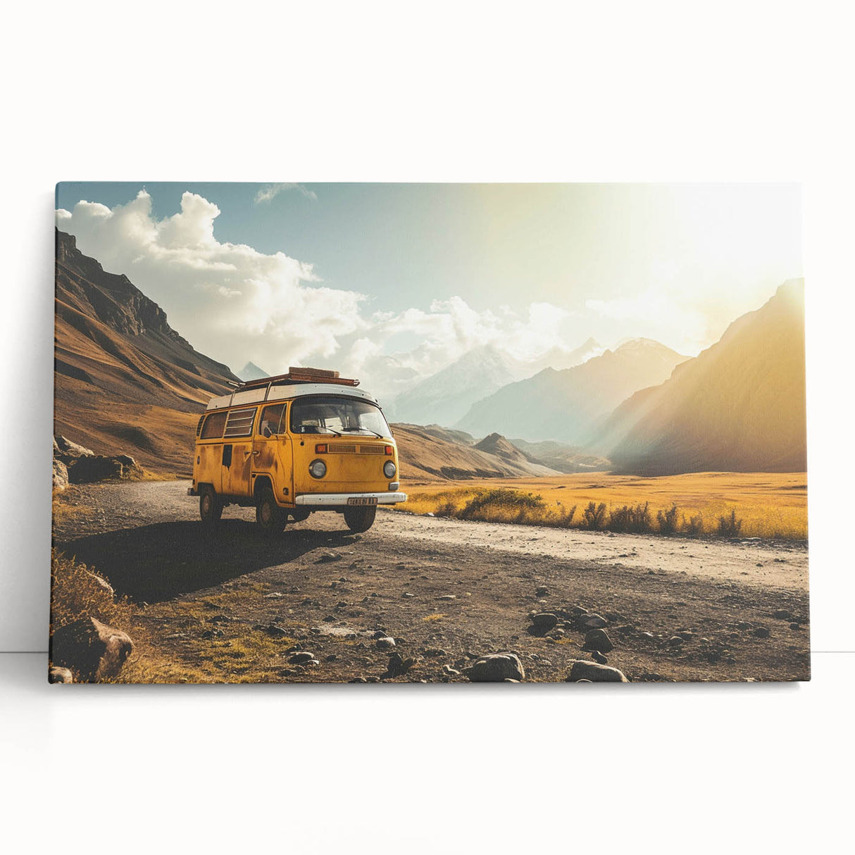 Black and white photo of a vintage caravan on stretched canvas, ideal for kitchen wall art.