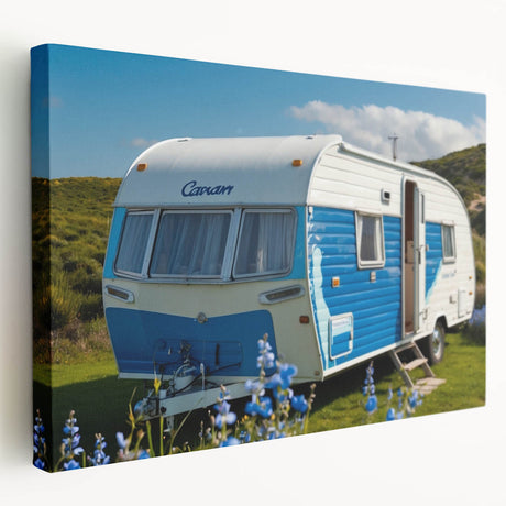 Side view of a vintage caravan in muted earth tones on stretched canvas, suitable for kitchen wall art.