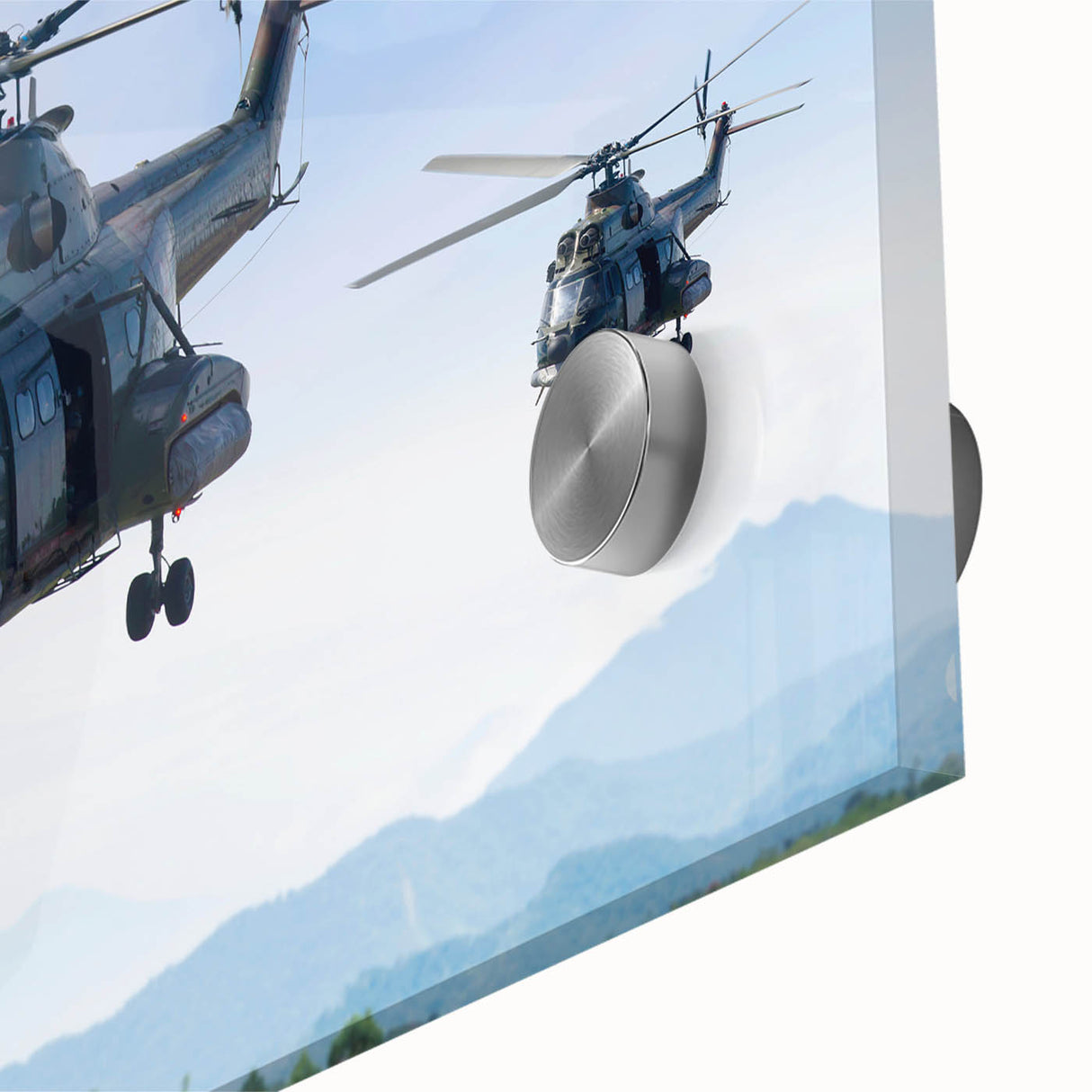 Large abstract wall art featuring a helicopter design in muted gray tones on acrylic glass, suitable for dining room decor.
