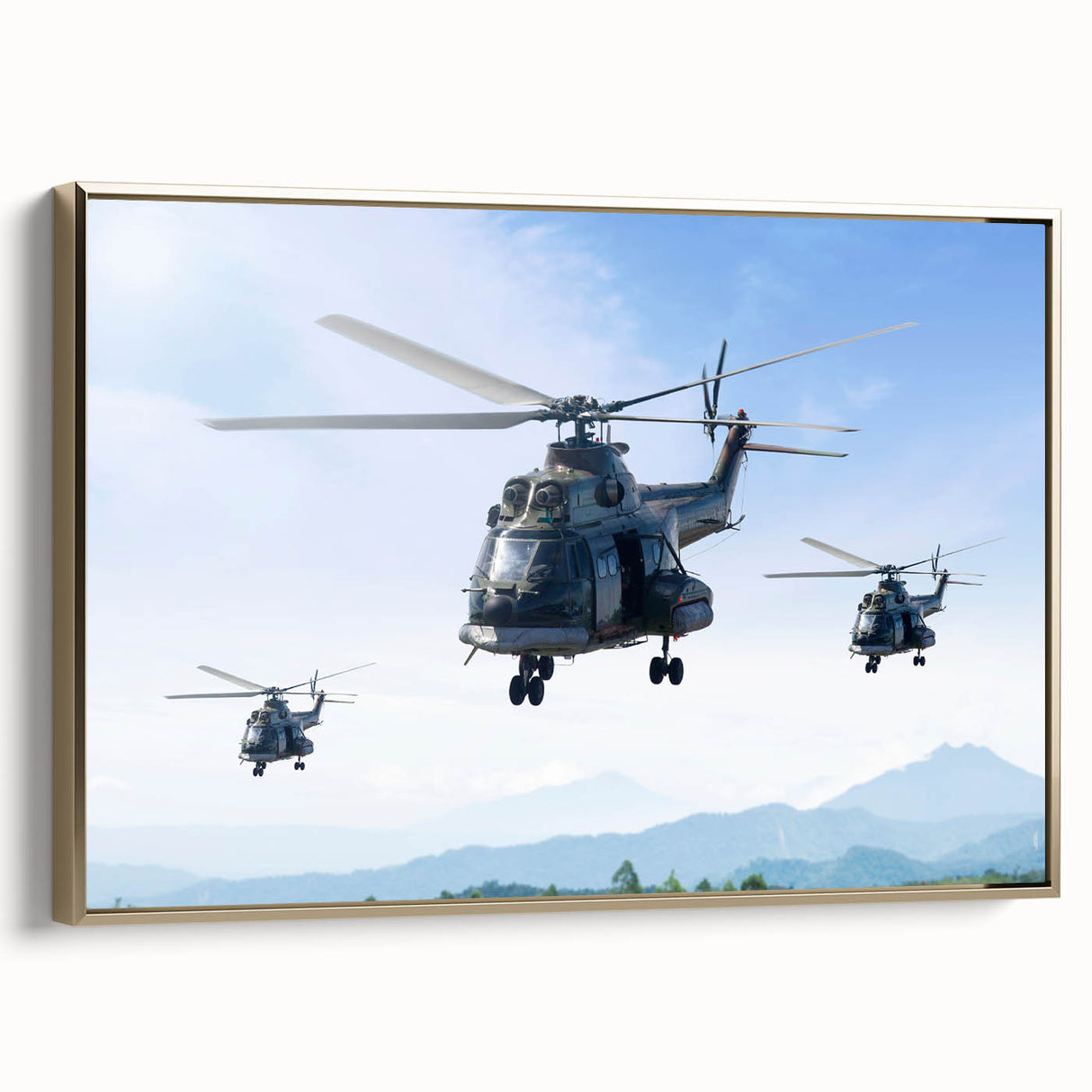 Framed canvas depicting a vintage helicopter in black and gold, suitable as wall art for a bedroom.