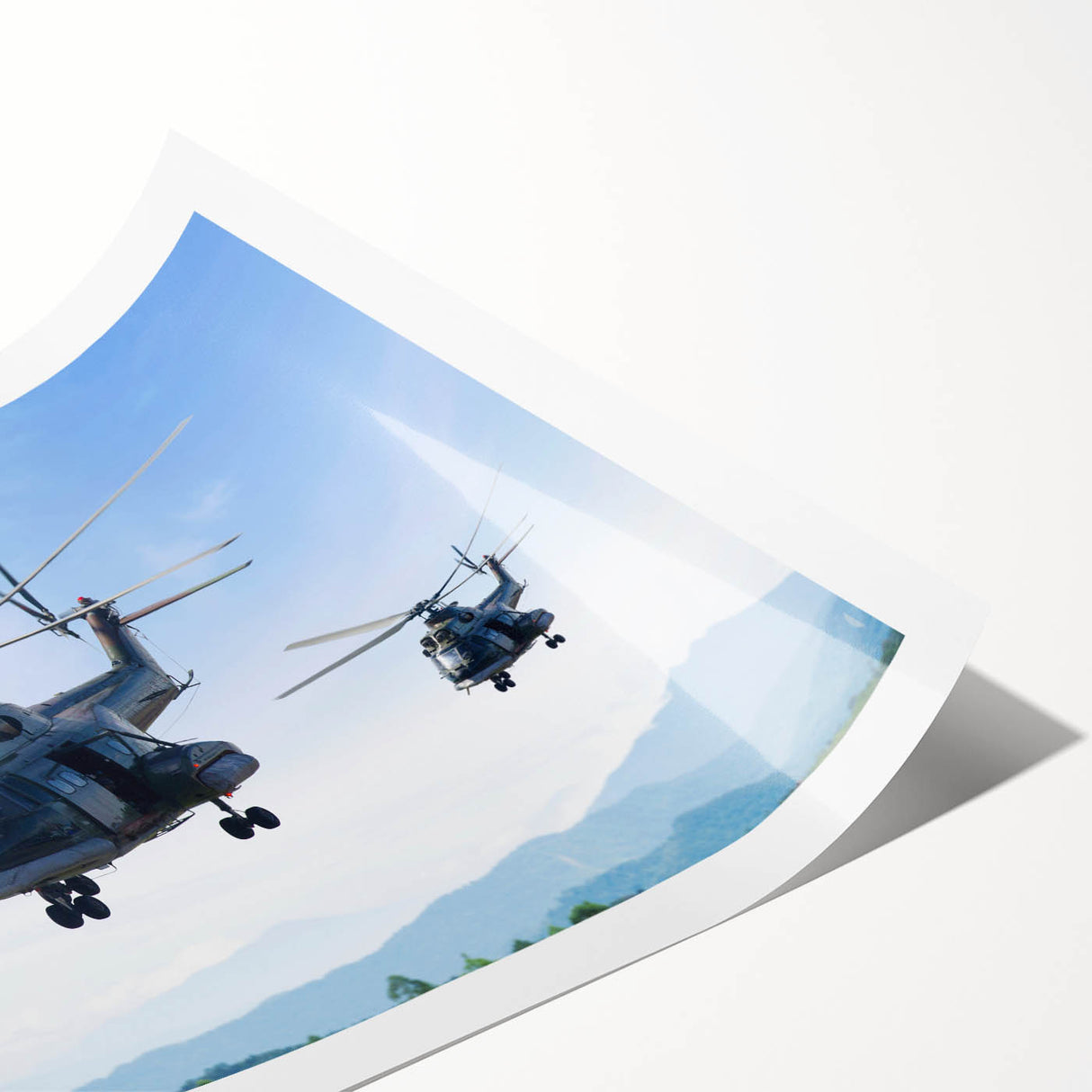 Extra large rolled print featuring a helicopter design in muted gray tones, ideal for large living room wall art.