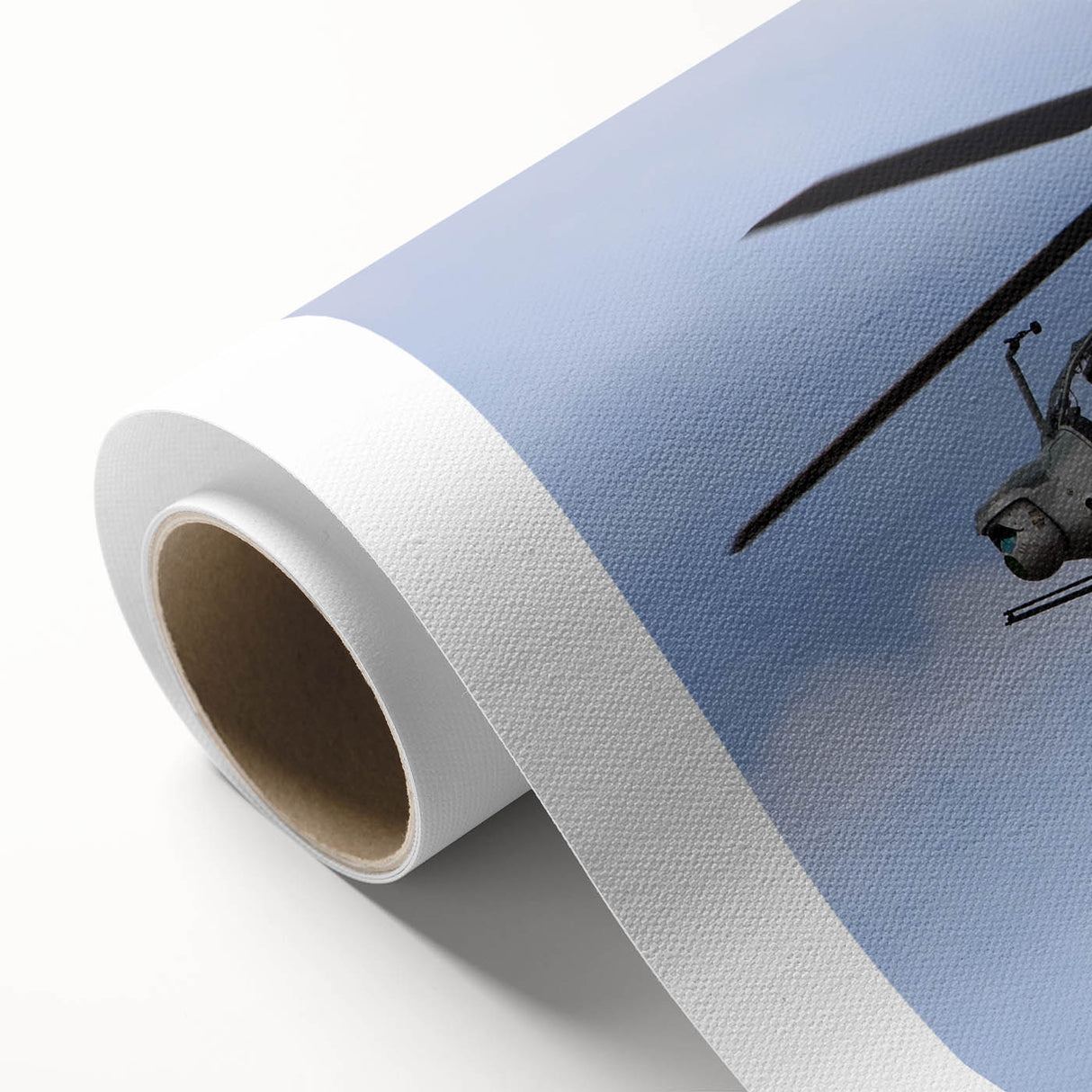 Art Deco poster of a vintage helicopter in muted gray and blue tones on rolled canvas, suitable for dining room wall art.