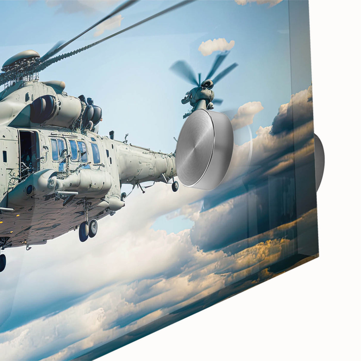 Mid-century modernist acrylic print of a helicopter, featuring large abstract shapes in muted colors.