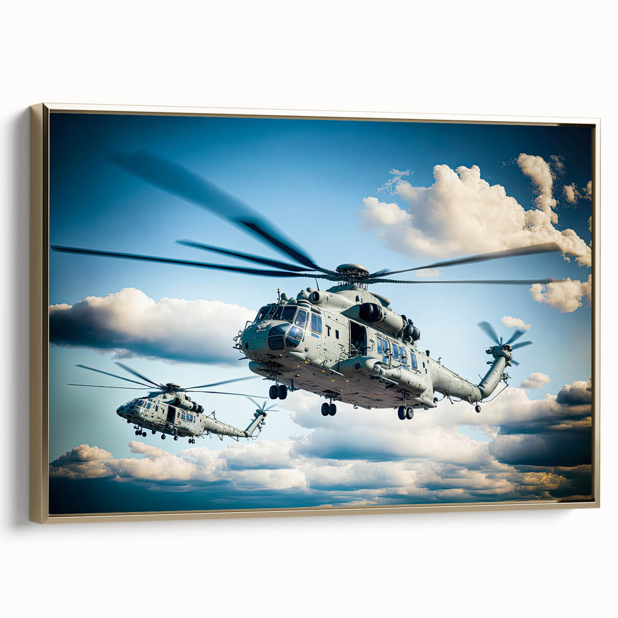 Framed canvas depicting a vintage helicopter in black and gold tones, ideal for bedroom wall art.