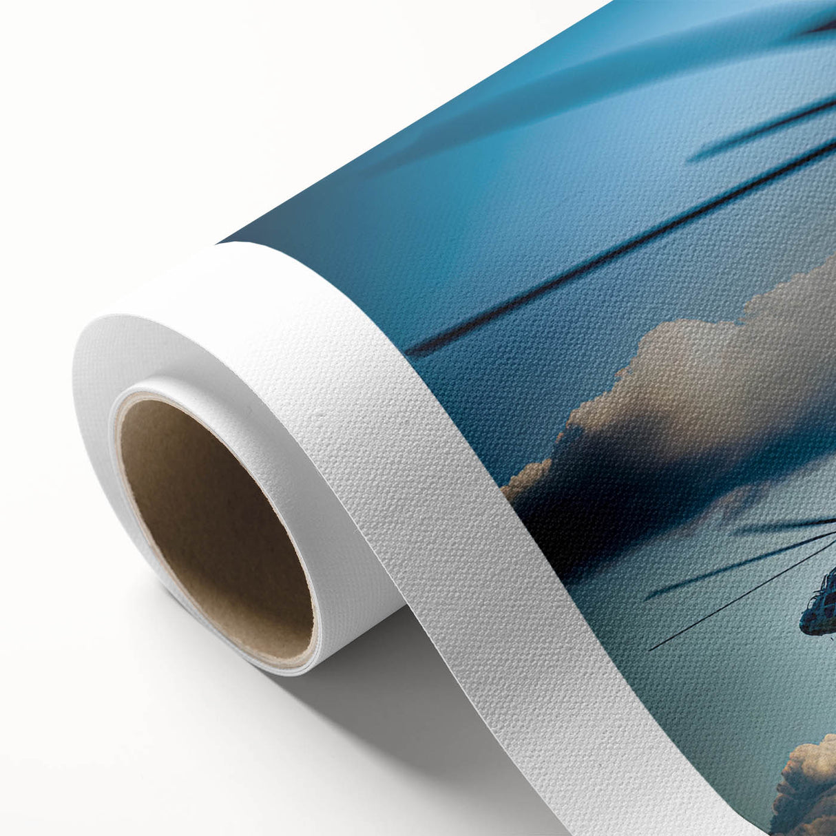 Helicopter silhouette against a sunset sky on rolled canvas, suitable as art wall dining room decor.