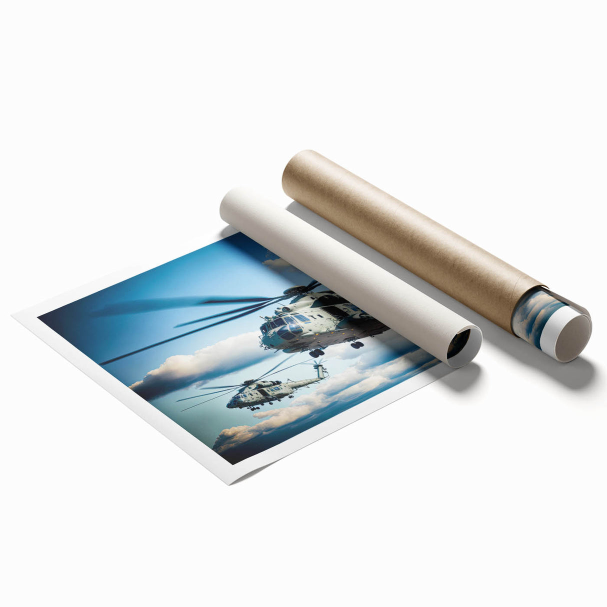 Art deco poster of a vintage helicopter in muted gold and black, printed on rolled canvas.