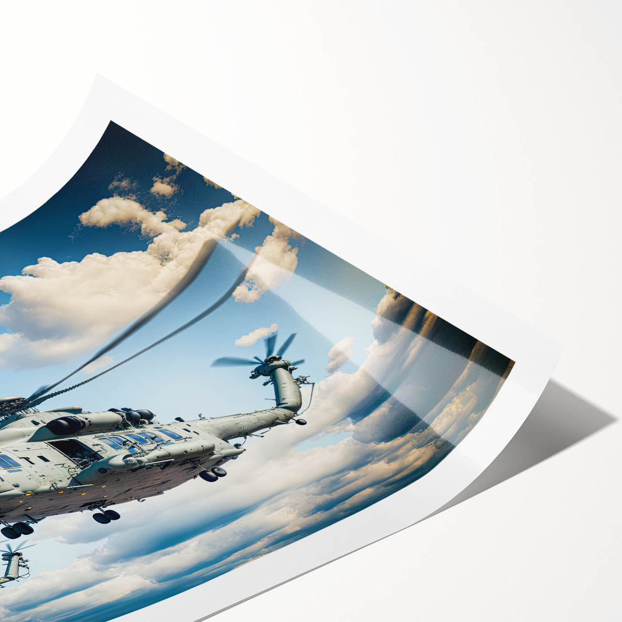 Art deco poster of a vintage helicopter in monochrome tones on a rolled print, suitable for dining room or bathroom wall art.