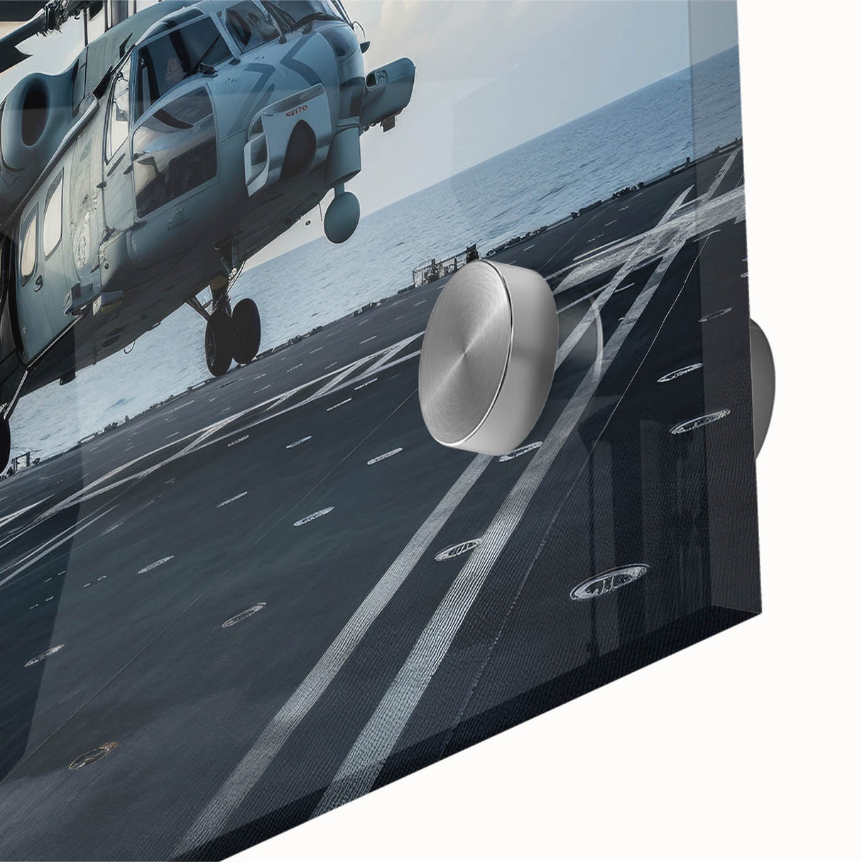 Mid-century modernist helicopter design in muted blue and gray on acrylic glass, ideal for dining room art.