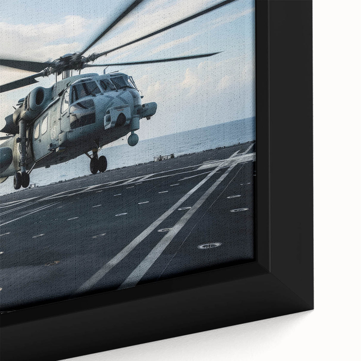 Extra large black wall art featuring a colorful, textured depiction of a helicopter on a framed canvas.