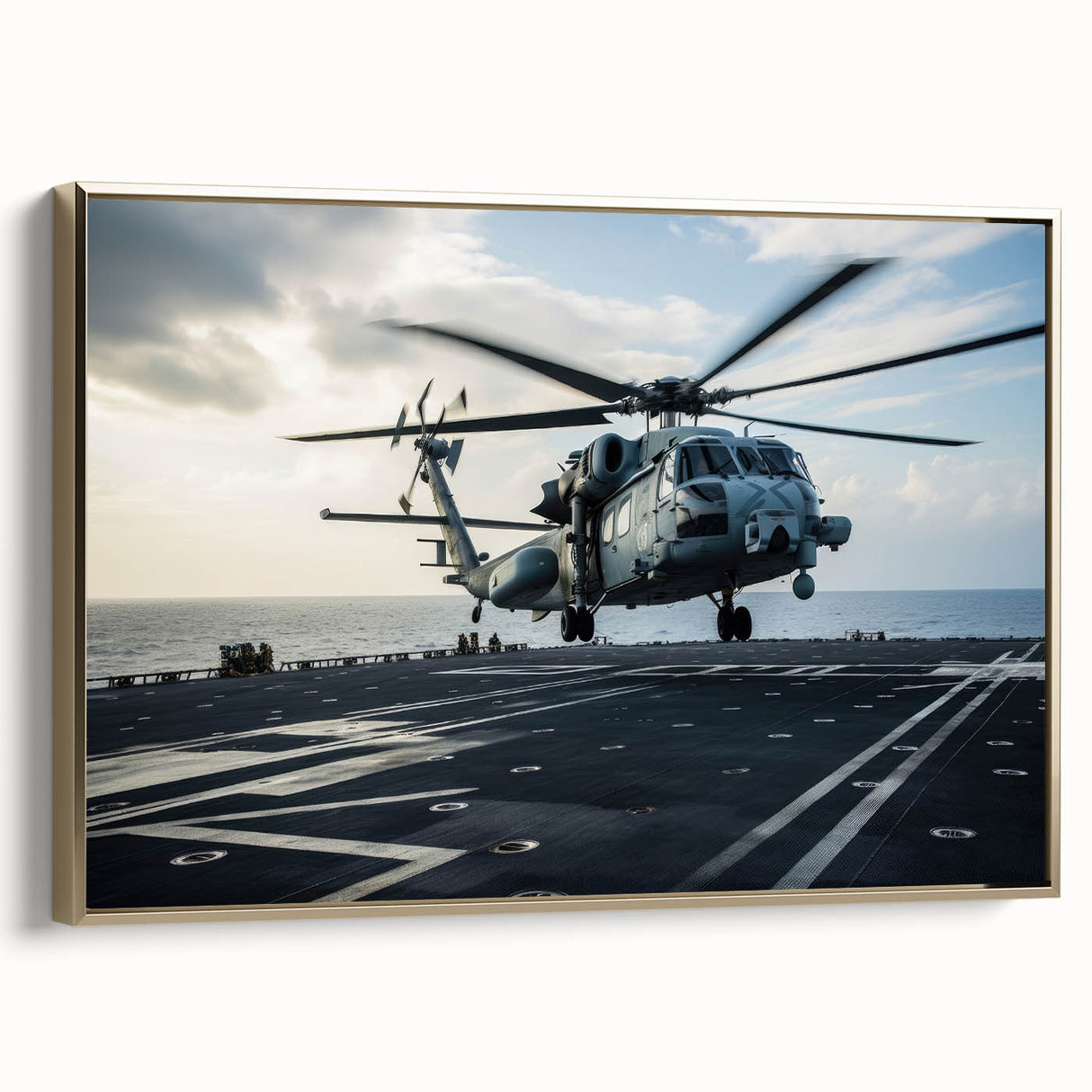 Framed canvas featuring a side view of a vintage black helicopter, ideal for bedroom wall art.