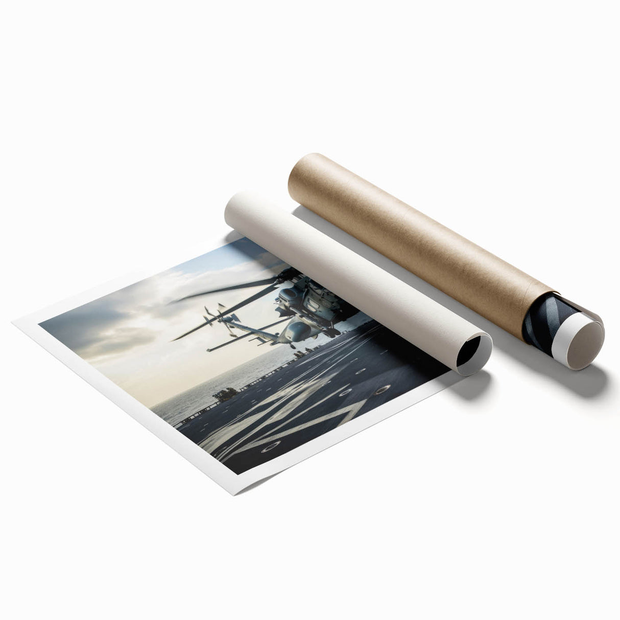 Extra large wall art featuring a black and white line art of a helicopter, printed on rolled canvas.