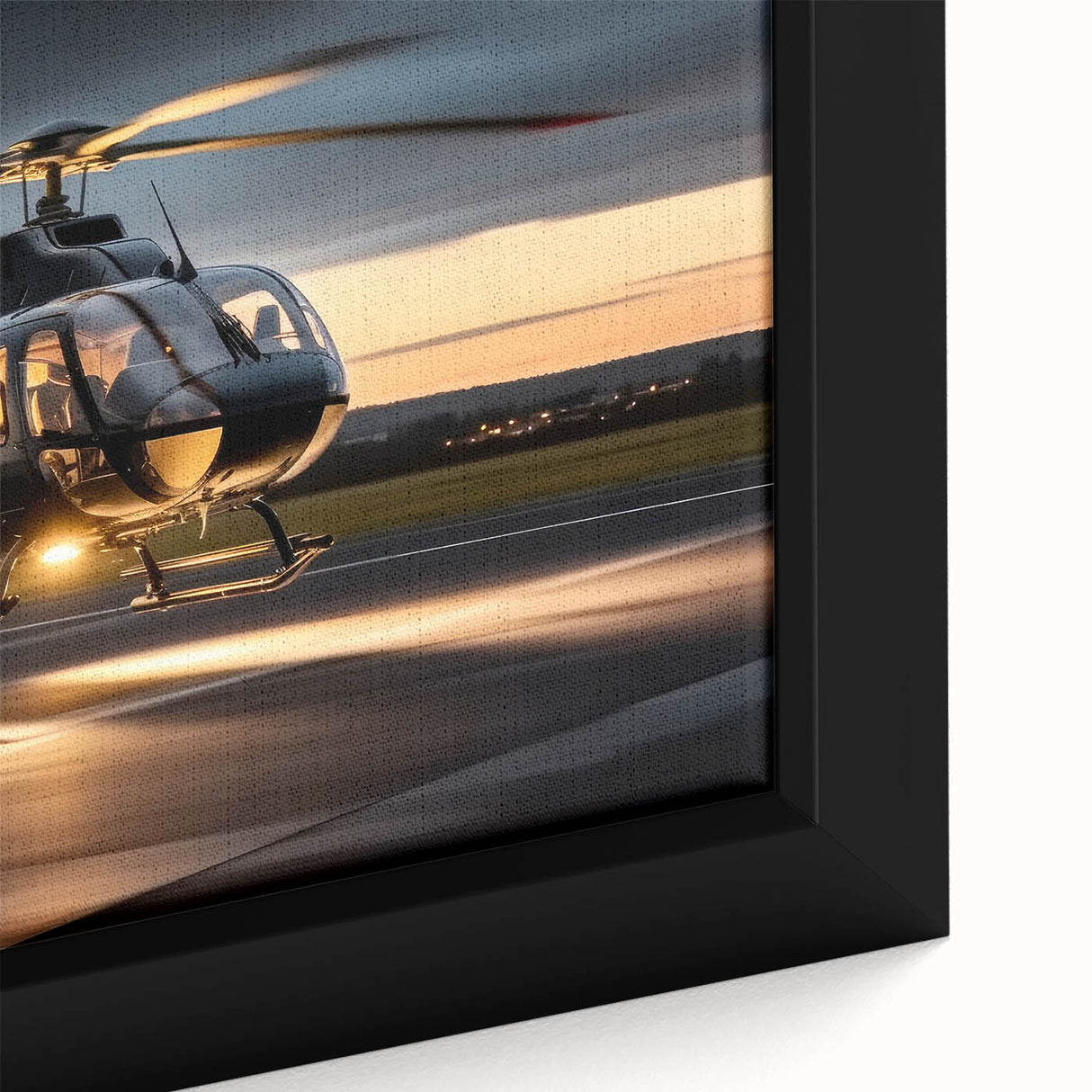 Extra large framed canvas featuring a textured, colorful helicopter design on a black background.
