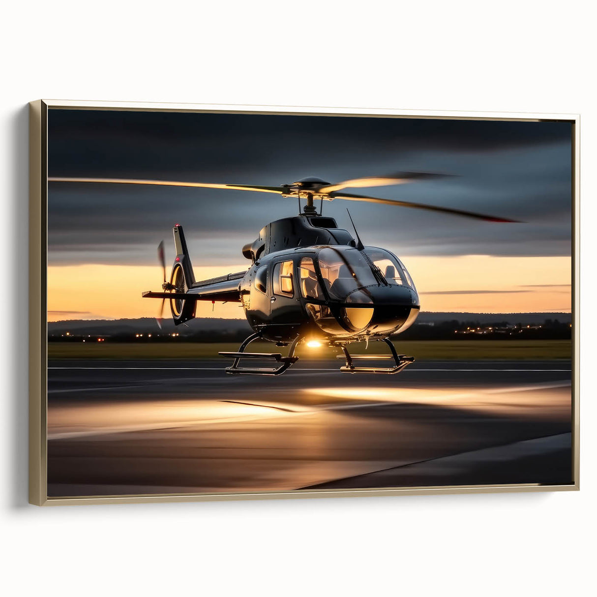 Gold-framed canvas featuring a side view of a vintage helicopter in black, ideal for bedroom wall decor.