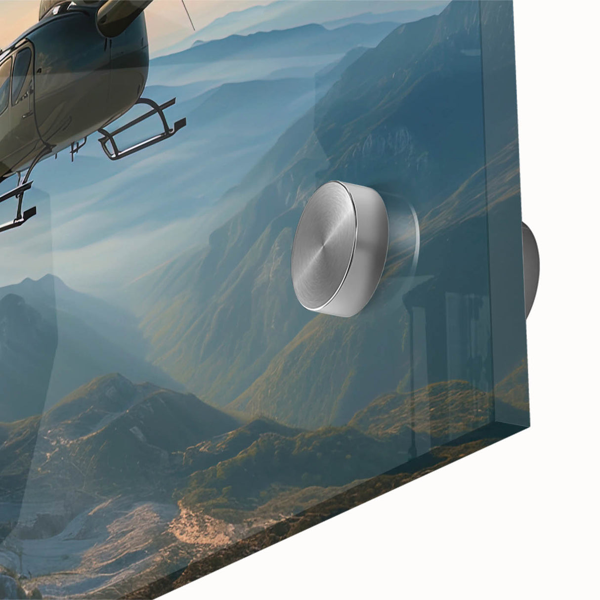 Close-up of a helicopter-themed acrylic print in muted metallic hues, suitable for bedroom or dining room decor.