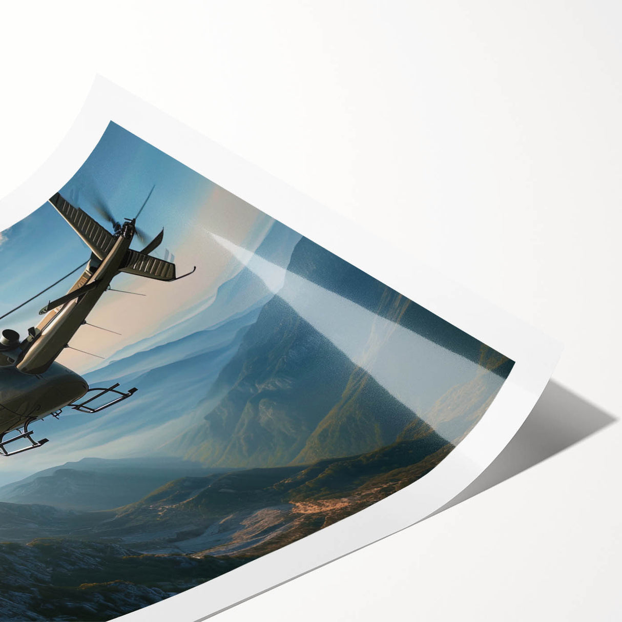 Extra large rolled print of a helicopter in muted gray tones, ideal for classy bathroom wall art.