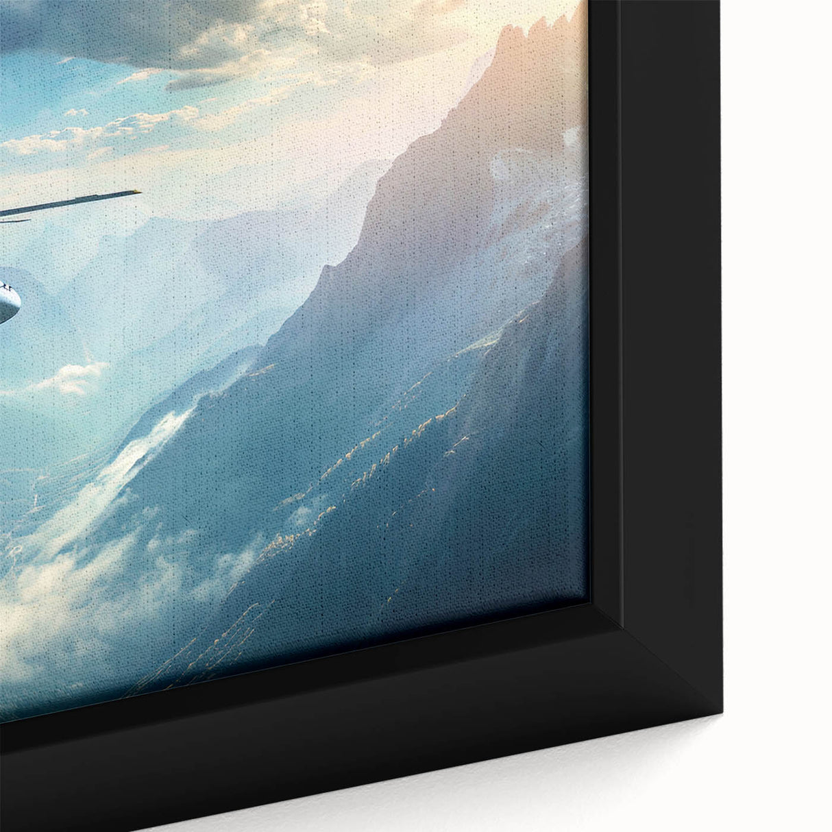 Extra large framed canvas featuring a textured, colorful helicopter design on a black background.