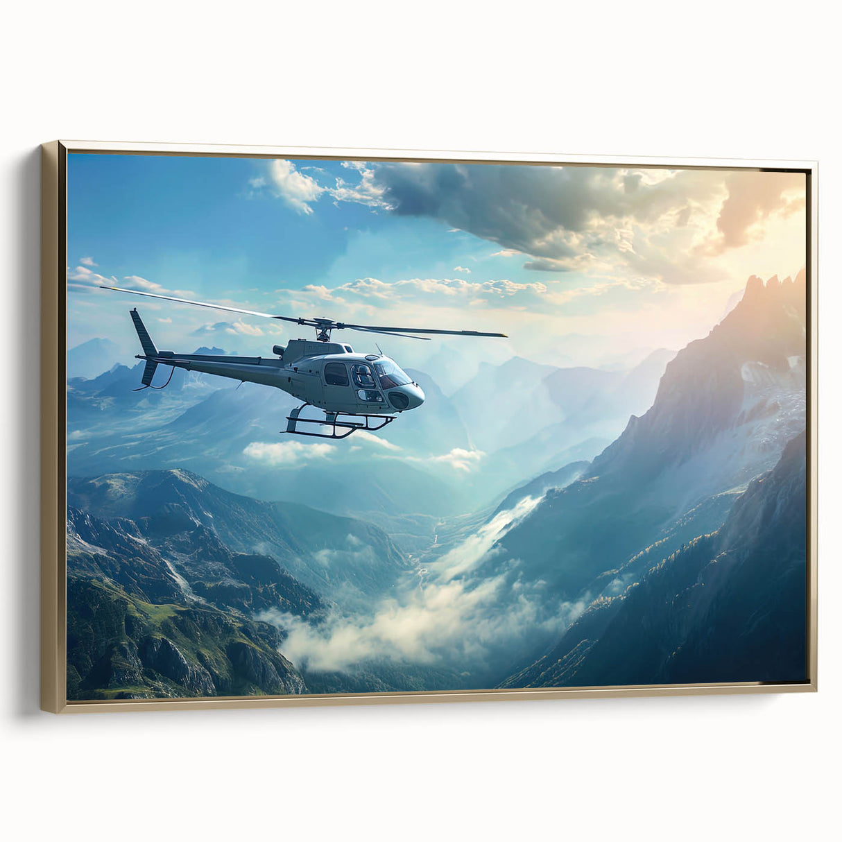 Side view of a vintage helicopter in black and gold on a framed canvas, ideal for bedroom wall art.