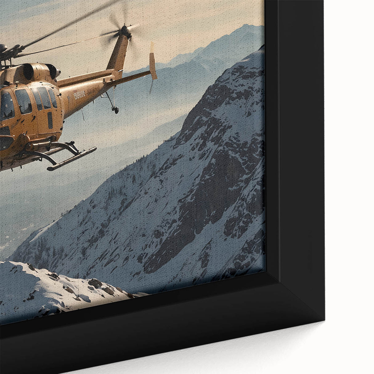 Extra large black wall art featuring a colorful, textured depiction of a helicopter on a framed canvas.