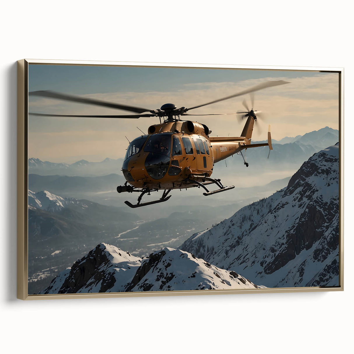 Framed canvas depicting a side view of a vintage helicopter in black and gold, suitable for bedroom wall decor.
