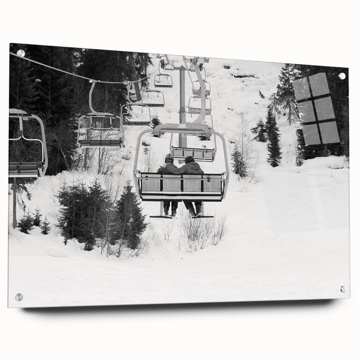 Acrylic print of a side view of assorted service vehicles in muted gray and blue tones, suitable for dining room decor.