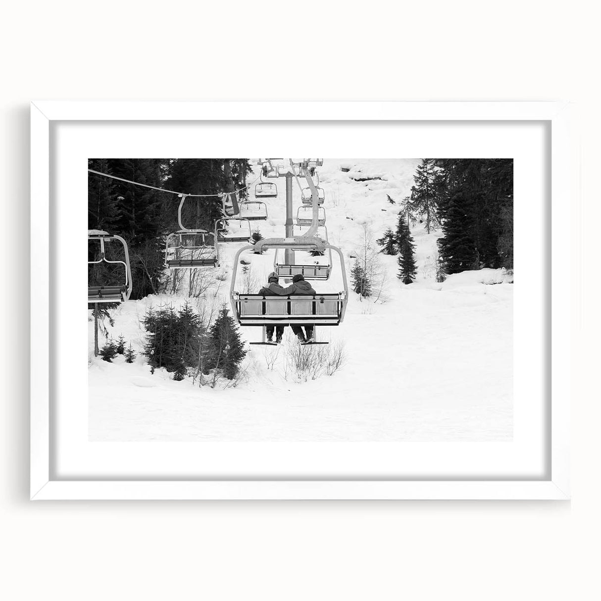 Abstract art print of colorful service vehicles on white canvas, framed with a white mat, suited for dining room decor.