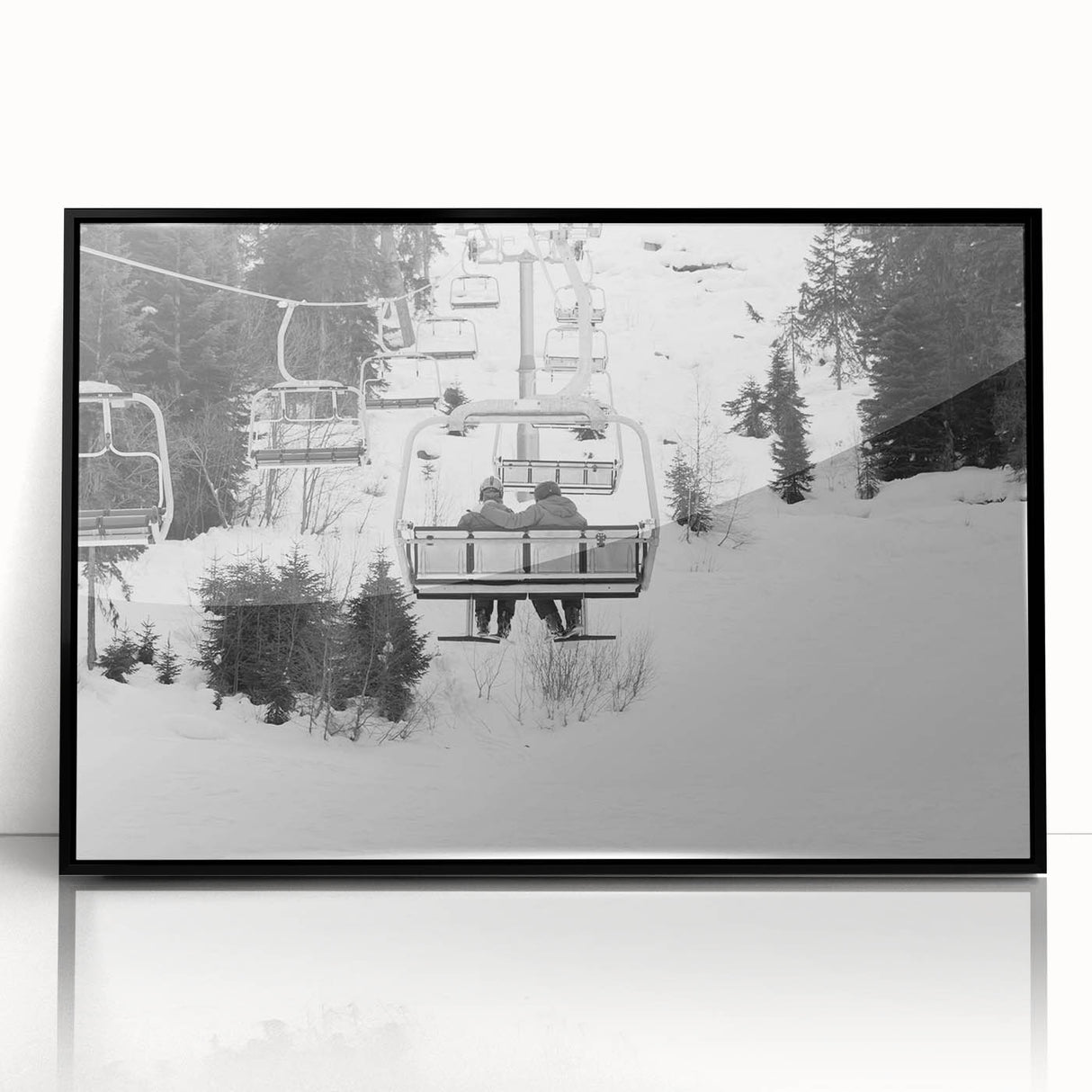 Large abstract wall art featuring mid-century modernist style service vehicles in muted colors on a black acrylic framed…