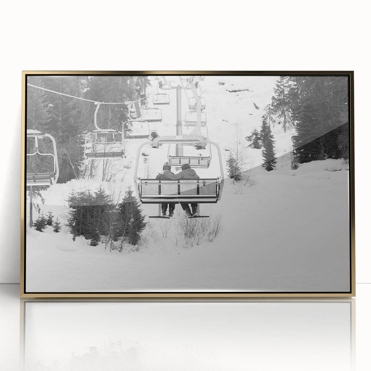 Mid-century modernist style large art print of colorful service vehicles on acrylic, framed in gold.