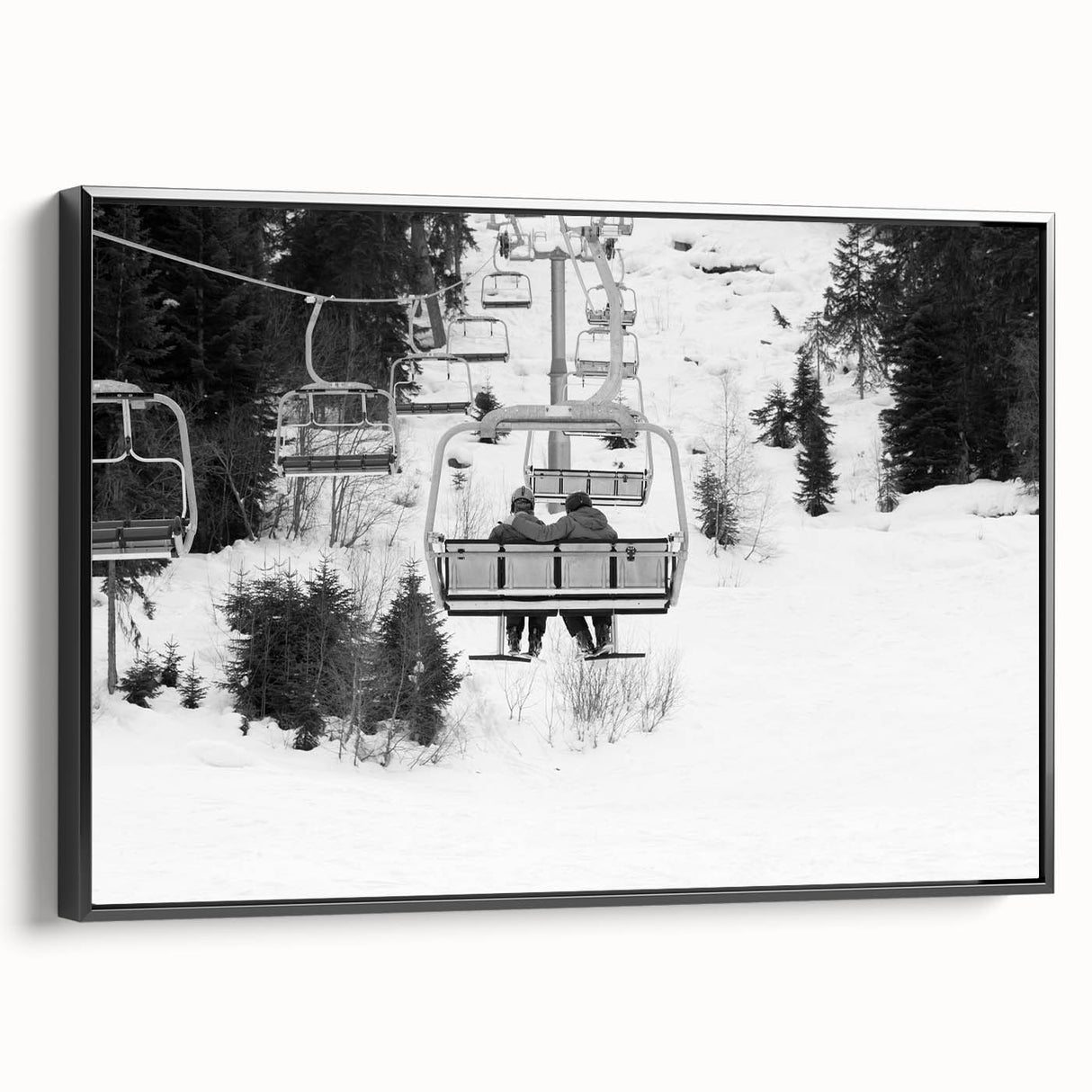 Black and white framed canvas of vintage service vehicles in a row, ideal for bedroom wall decor.