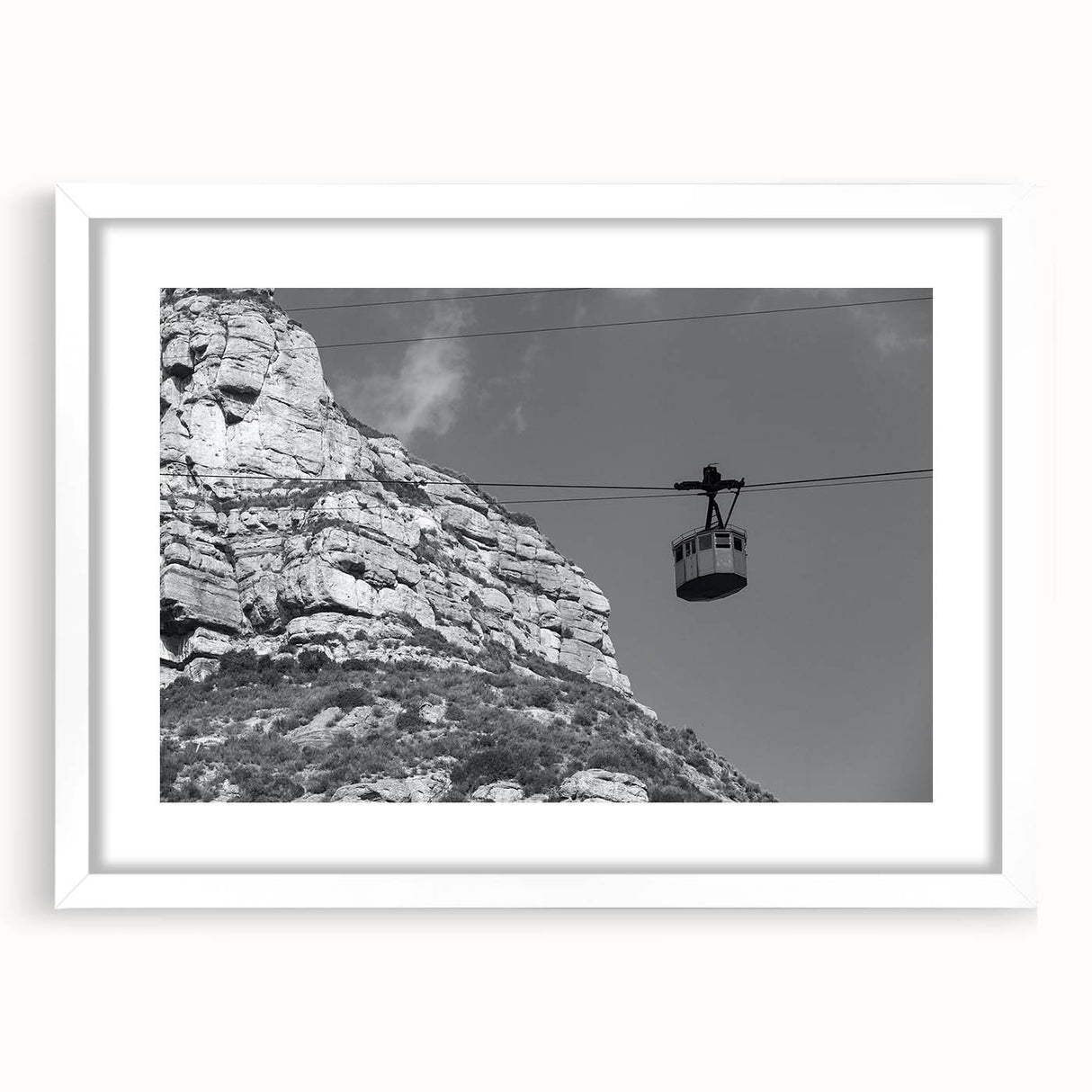 Abstract art print of colorful service vehicles on white framed canvas, ideal for dining room decor.