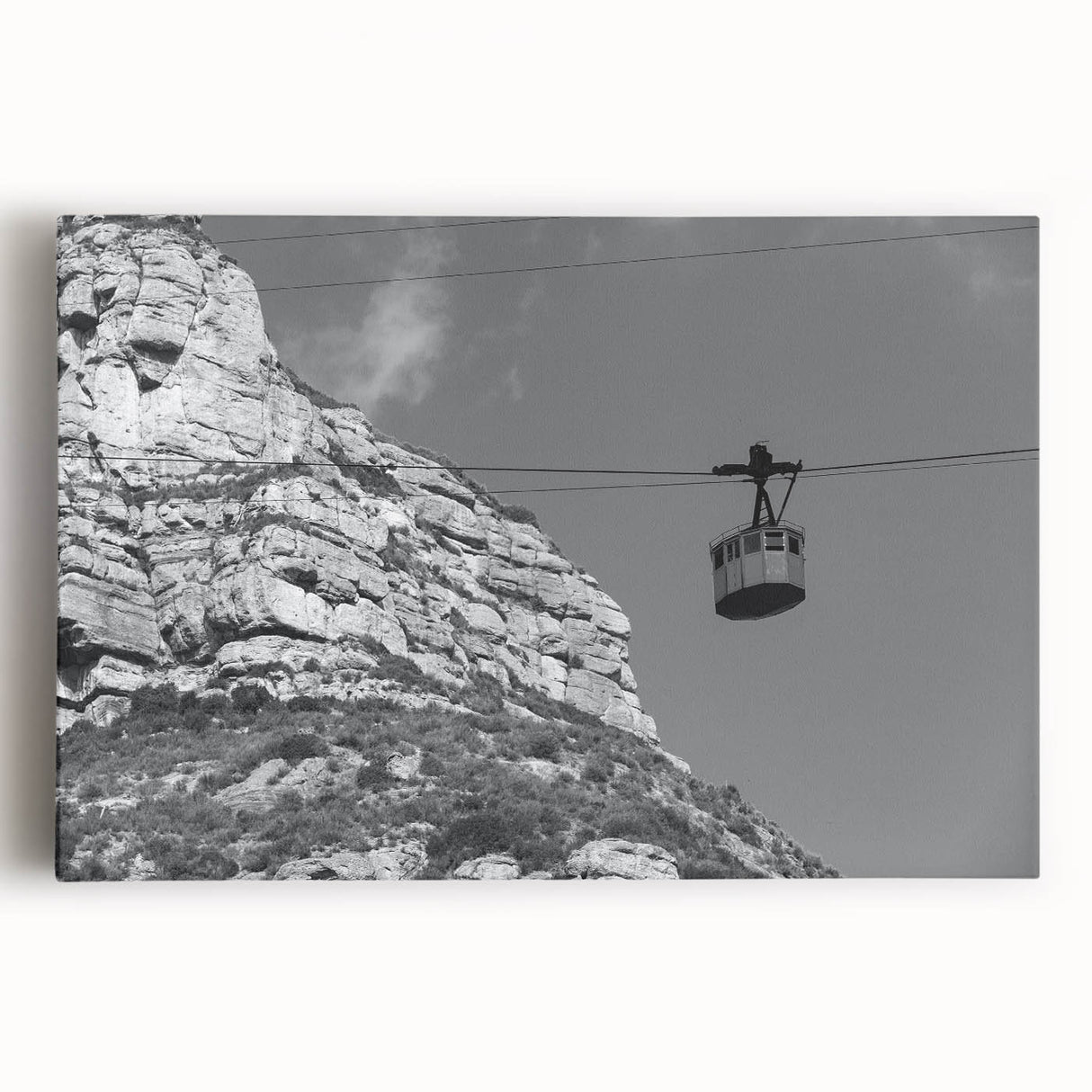 Black and white stretched canvas featuring a collection of vintage service vehicles, ideal for kitchen wall art.