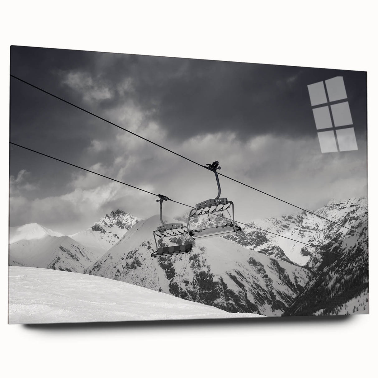 Acrylic print of abstract transportation vehicles in muted gray and blue tones, ideal for bedroom or dining room art.