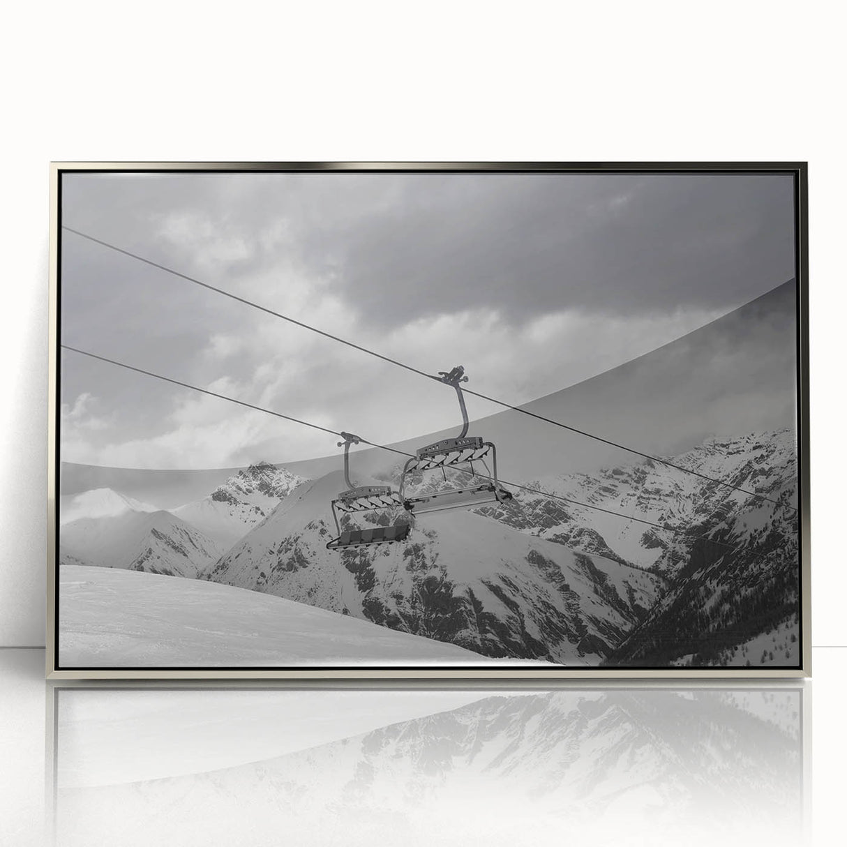 Mid-century modernist art featuring a silver framed acrylic print of colorful service vehicles, ideal for nursery wall decor.