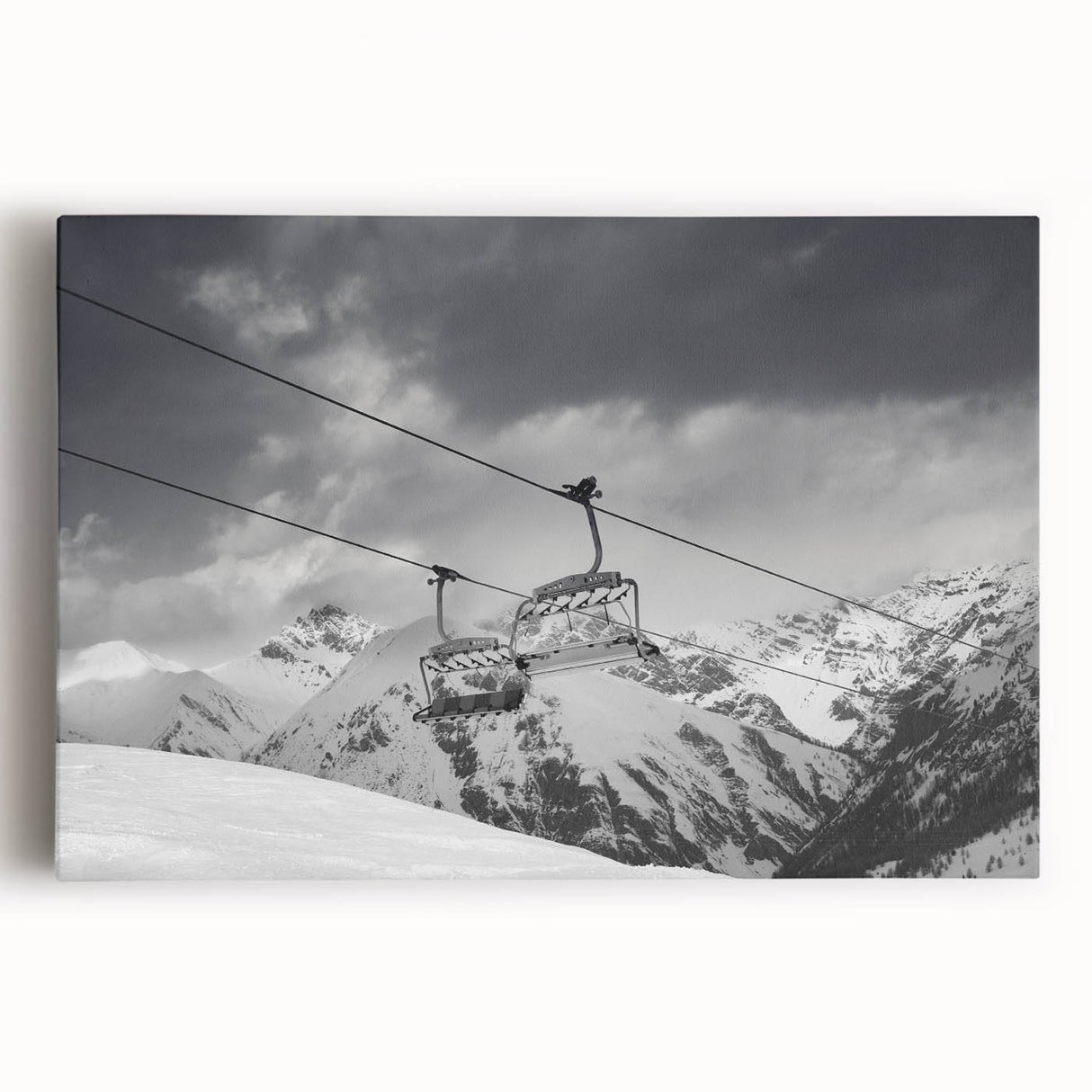 Black and white print of vintage service vehicles on stretched canvas, suitable as large kitchen wall art.