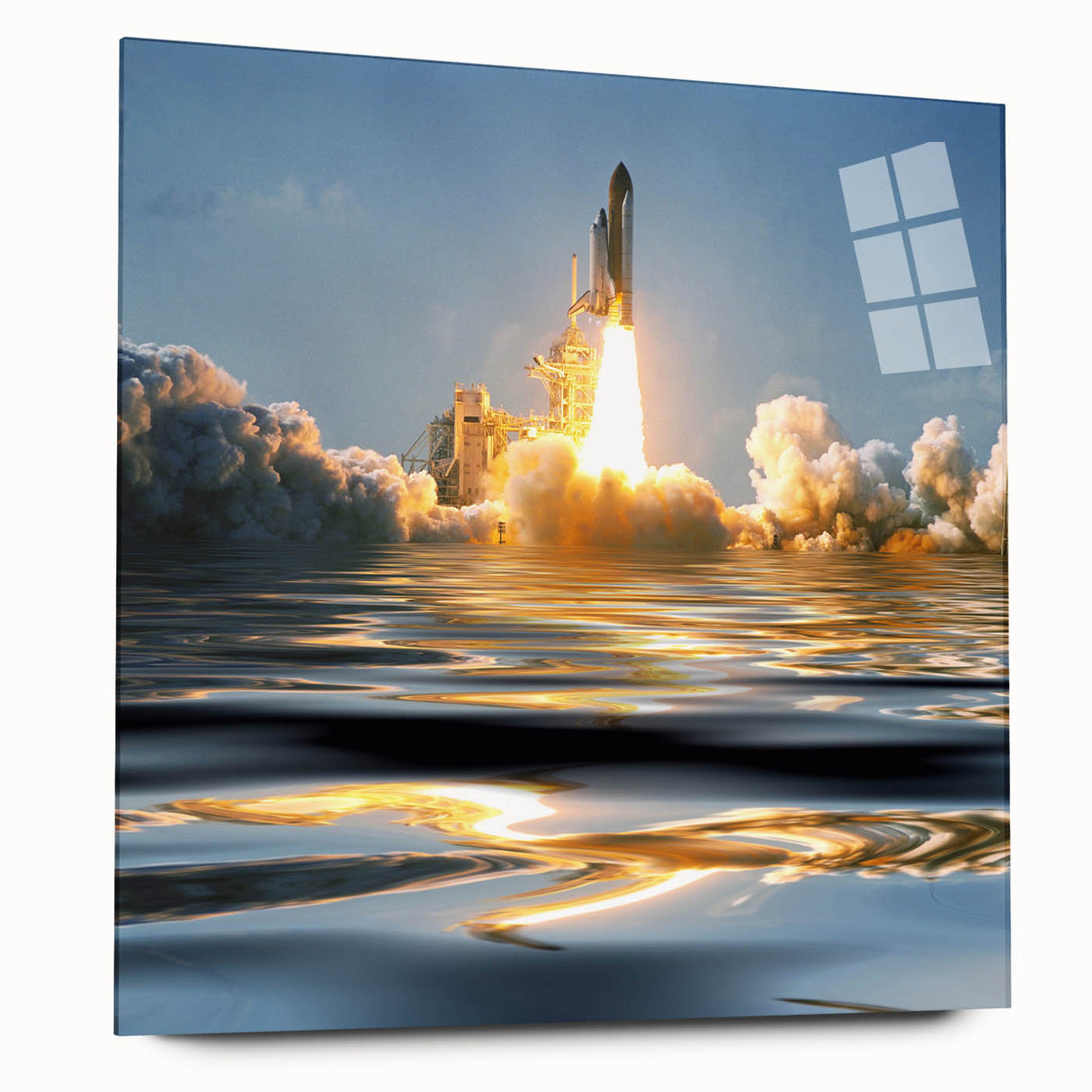 Acrylic print of a large abstract spacecraft design in gray and metallic tones, suited for bedroom or dining room art.