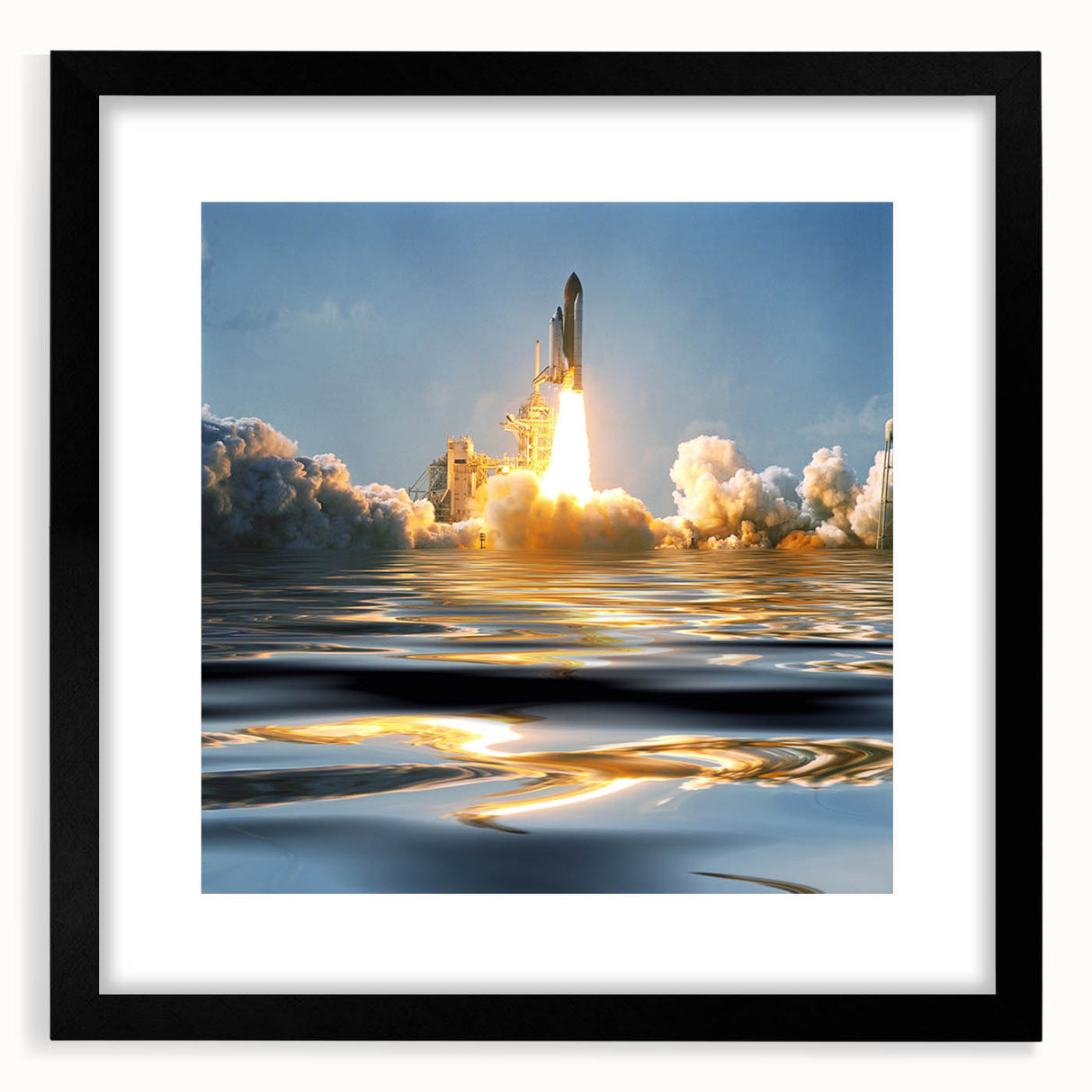 Colorful abstract art print of spacecraft, in black frame with mat, ideal for modern living room décor.