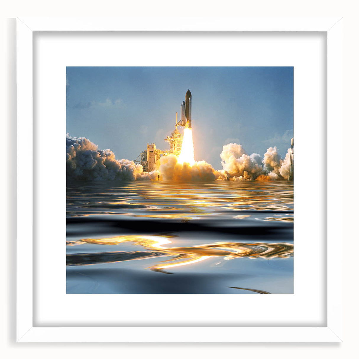 Extra large abstract art print of a spacecraft, featuring textured details in muted gray and white, framed with a white mat.