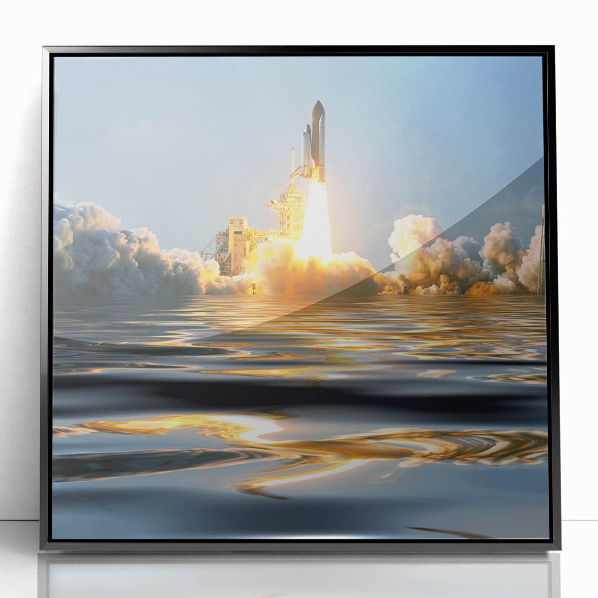 Large abstract wall art featuring a mid-century modernist spacecraft design in black and white tones, framed in acrylic.