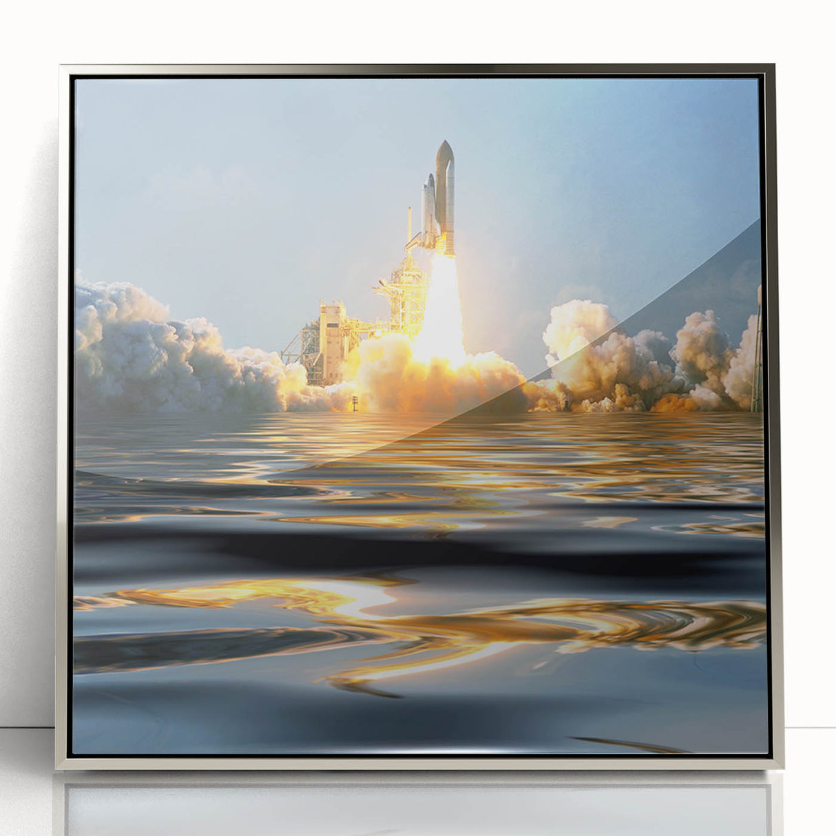 Art deco poster featuring a silver spacecraft design on acrylic, framed, ideal for modern nursery wall art.