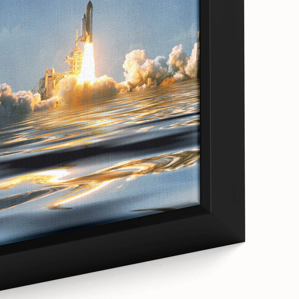 Framed canvas of a black spacecraft design with colorful, textured art accents.