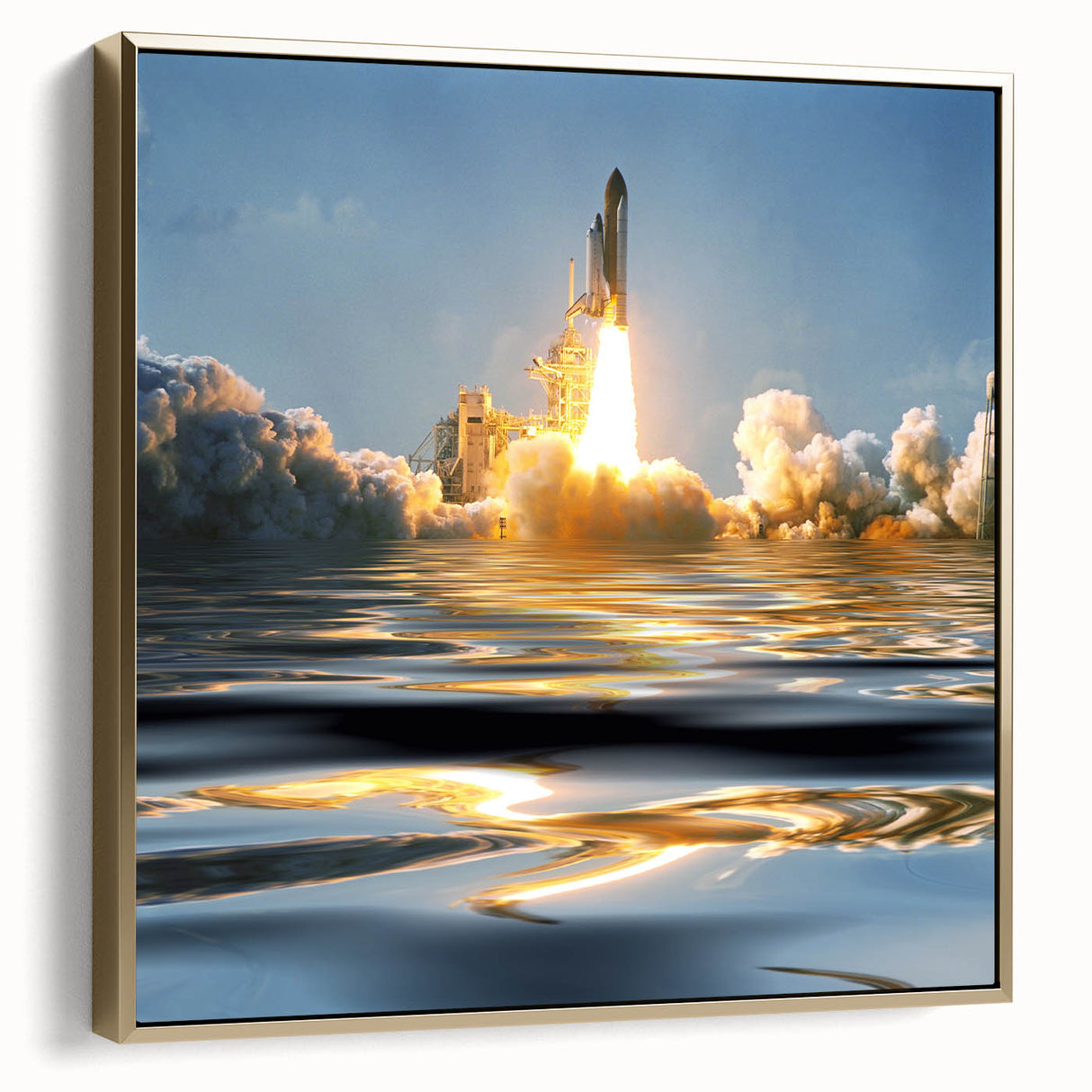 Framed canvas featuring a vintage poster of a spacecraft, with a landscape background in silver and gold tones.