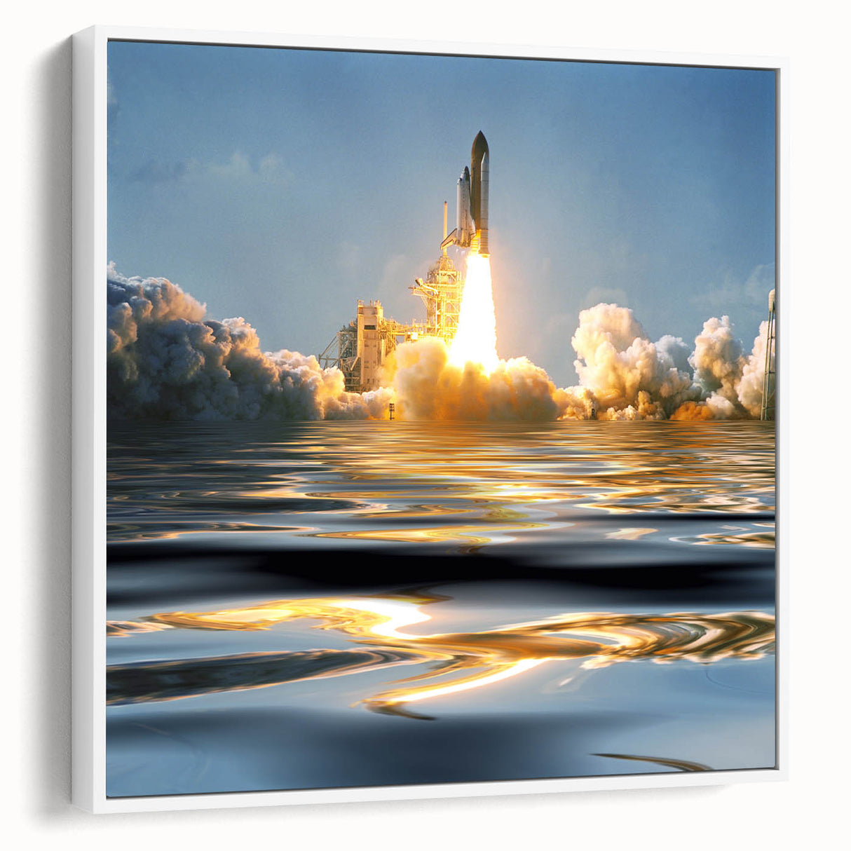 Framed canvas of a vintage poster featuring a black and white lunar landscape, ideal for bedroom wall art.