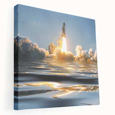 Spacecraft illustration in muted gray and blue on stretched canvas, suitable for kitchen wall art.