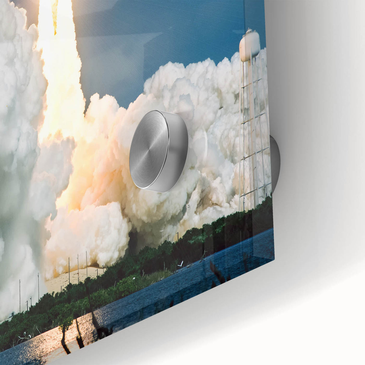 Large abstract wall art featuring a spacecraft design in mid-century modernist style on acrylic glass.