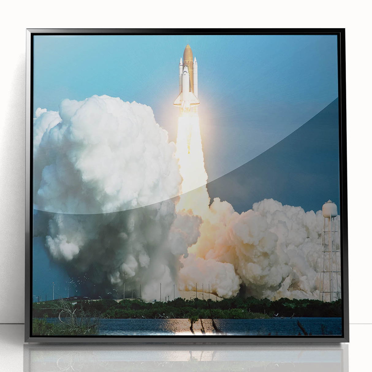 Large abstract wall art featuring a mid-century modernist spacecraft design in black and white tones on a framed acrylic…