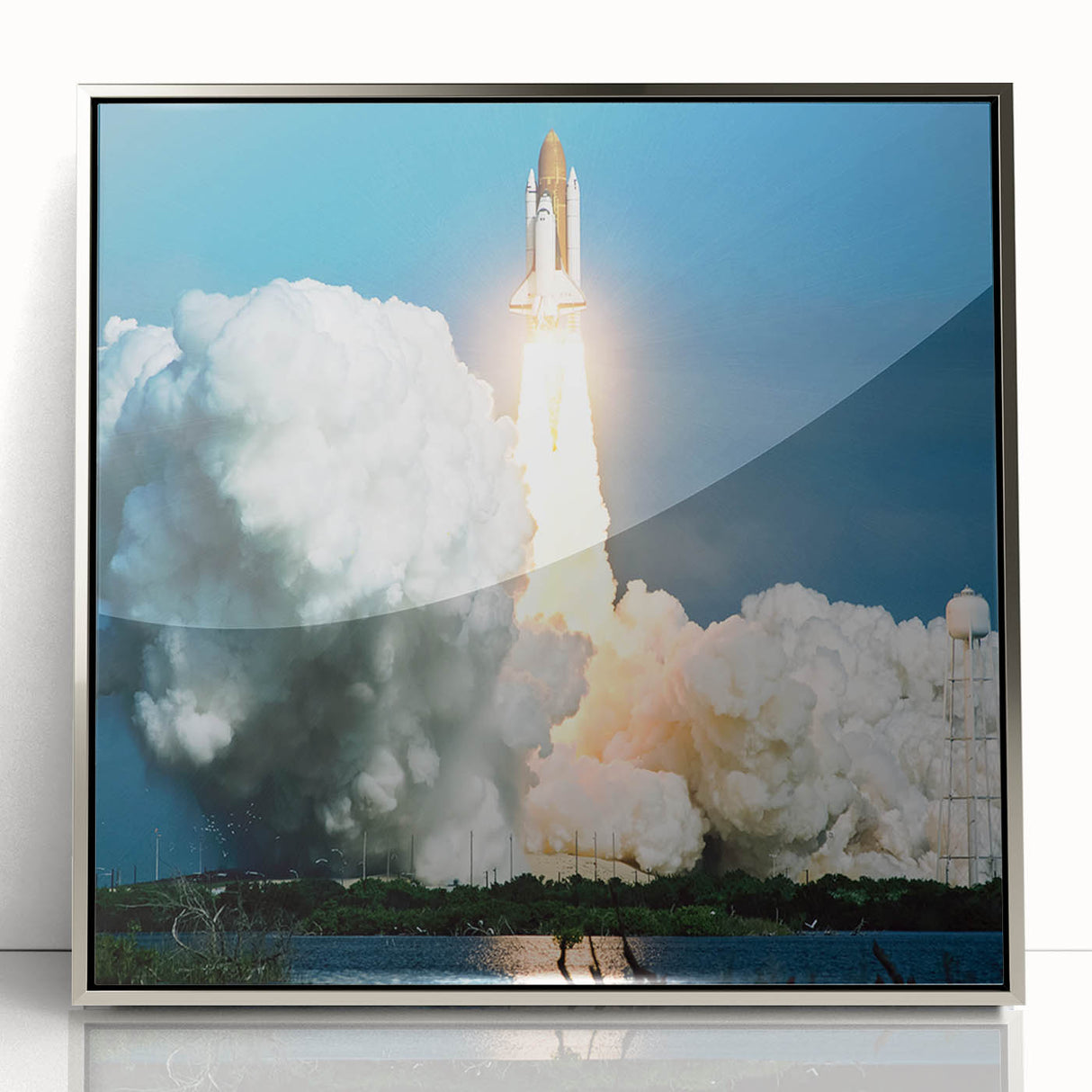 Art deco poster of a vintage spacecraft in muted silver tones, acrylic print framed in silver, suited for nursery wall art.