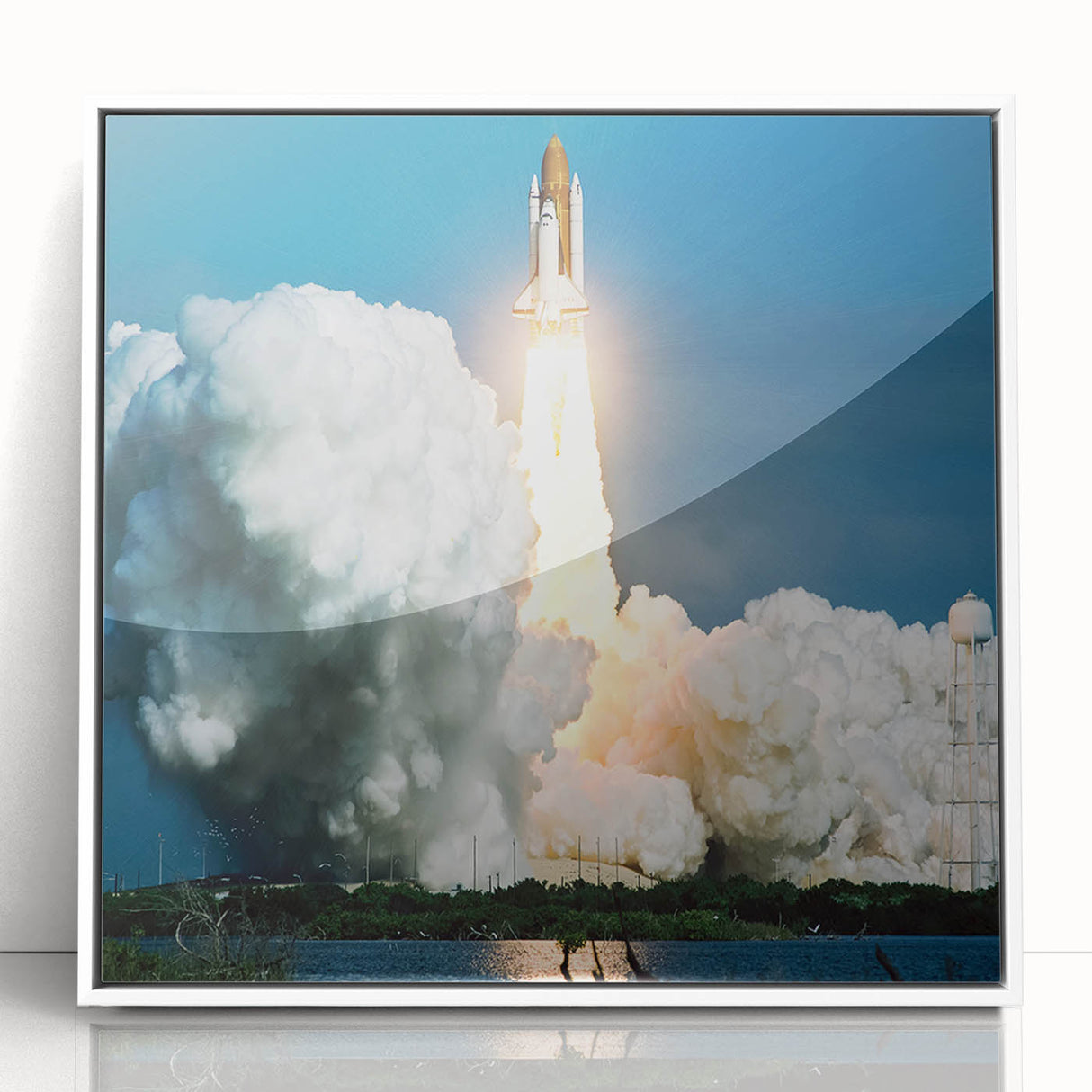 Mid-century modernist spacecraft design in muted gray tones on a white acrylic print, ideal for modern nursery wall decor.