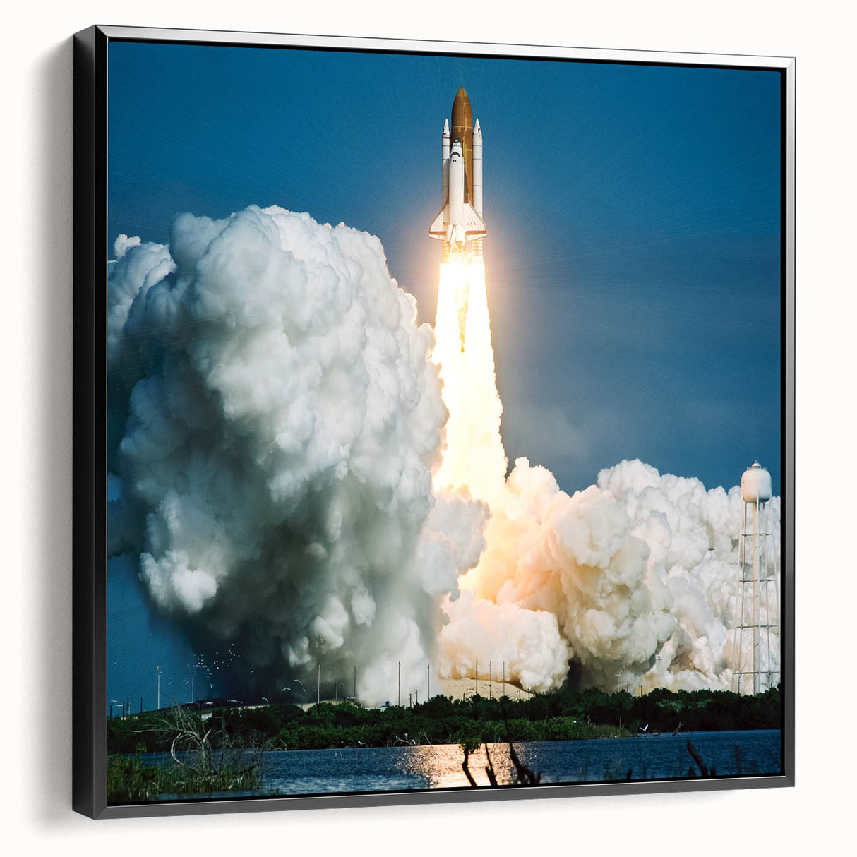 Framed canvas featuring a black and white vintage poster of spacecraft, ideal for bedroom wall decor.